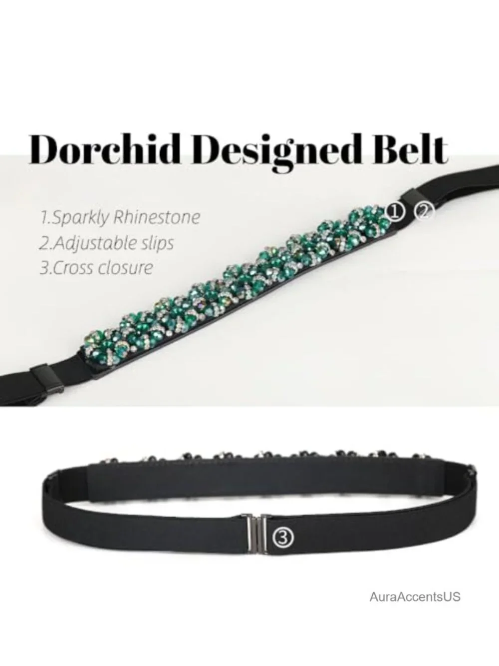 Beaded Rhinestone Stretchy Elastic Adjustable Waist Belt for Dresses